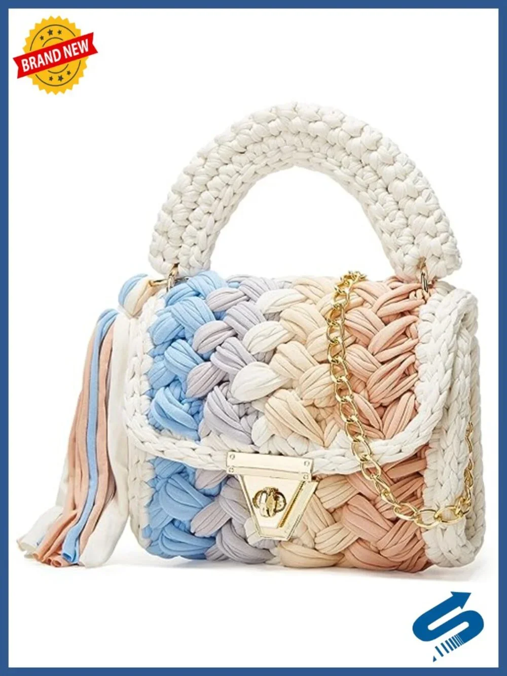 Handwoven Crochet Tote Purse with Chain Strap Twist Lock Closure